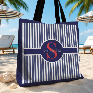 Bolsa Tote Monograma inicial listrado de azul marinho elegant