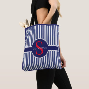 Bolsa Tote Monograma inicial, marinho azul, com striping, com