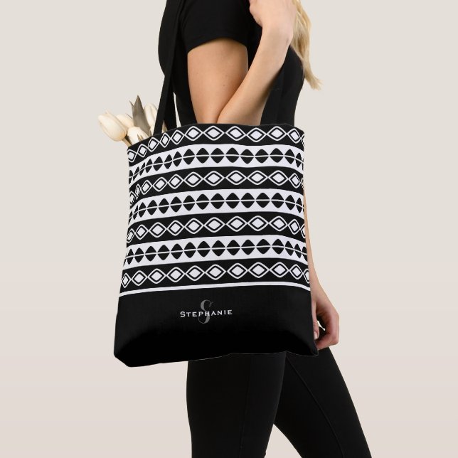 Bolsa Tote Monograma Inicial Moderno Chic Preto & Branco (Close Up)