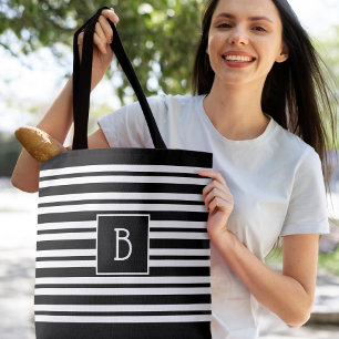 Bolsa Tote Monograma Inicial Moderno Tendência Faixa Preta e 