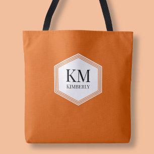 Bolsa Tote Monograma Laranja Moderno Elegante Simples Nome Pe