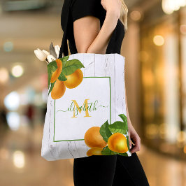 Bolsa Tote Monograma laranjas cítricas aquarela madeira rústi