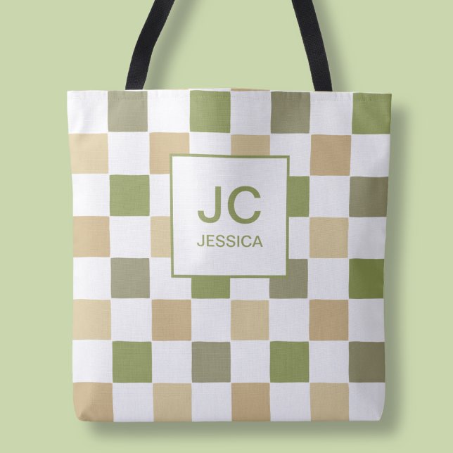 Bolsa Tote Monograma - Leitura Verde Moderna Simples (Monogram Checkered Green Modern Simple Initals Tote Bag)