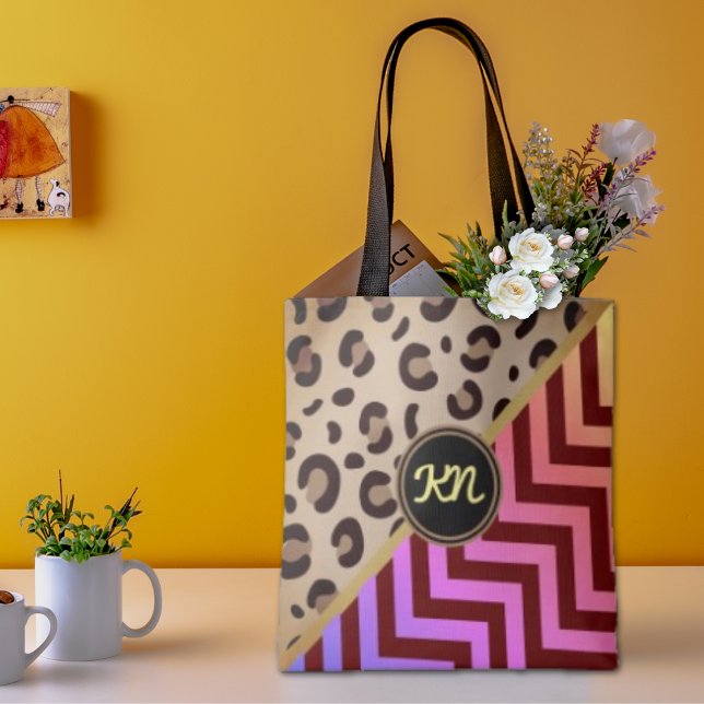 Bolsa Tote Monograma Leopard Impressão Zigzag Chevron Dois To (Criador carregado)