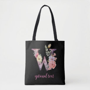 Bolsa Tote monograma - letra cor-de-rosa floral personalizada
