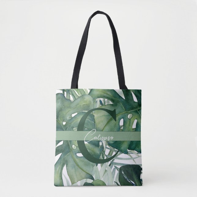 Bolsa Tote Monograma - Letra Tropical Folhas Monstera Greener (Frente)