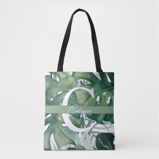 Bolsa Tote Monograma - Letra Tropical Folhas Monstera Greener (Frente)