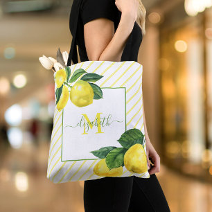 Bolsa Tote Monograma limões country watercolor listras rústic