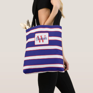 Bolsa Tote Monograma Listras Vermelhas e Brancas Azul Marinho