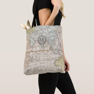 Bolsa Tote Monograma. Mapa do Mundo Vintage.