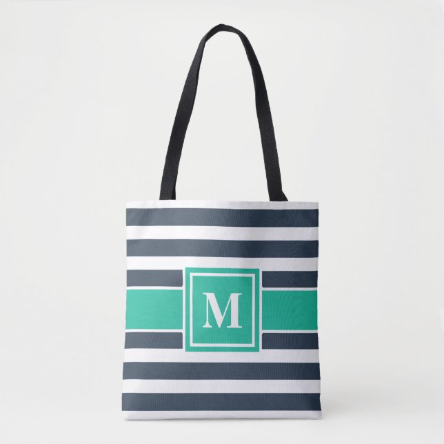 Bolsa Tote Monograma Marinho Náutico, Azul e Branco, com risc (Frente)
