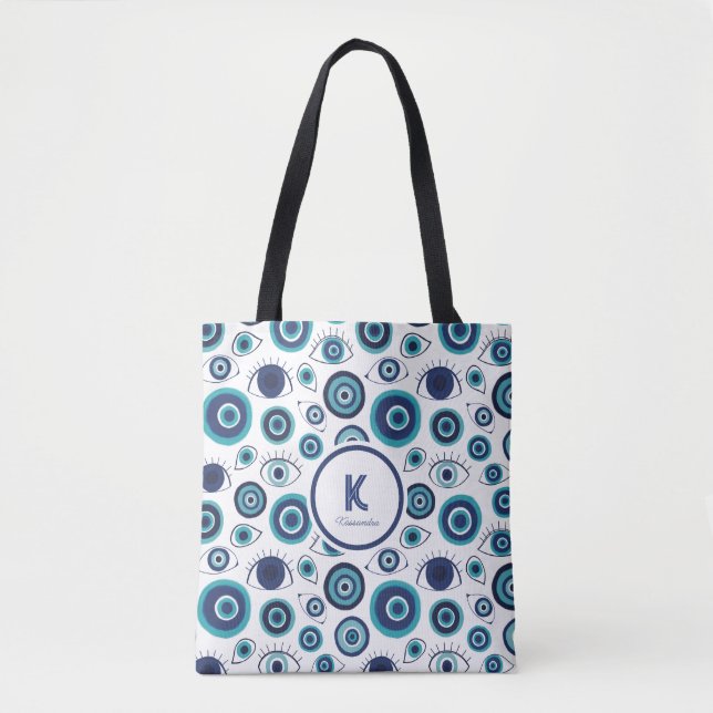 Bolsa Tote Monograma Mau de Olho Grego Branco Chic Azul (Frente)