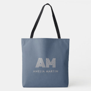 Bolsa Tote Monograma Minimalista em Azul Ardósia e Bege Areia