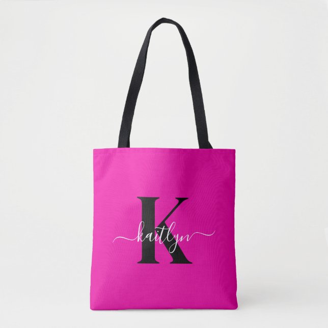 Bolsa Tote Monograma Moderna em Preto e Rosa Choque (Frente)