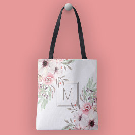 Bolsa Tote Monograma Moderna Floral de Aquarela Rosa