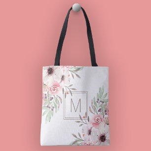 Bolsa Tote Monograma Moderna Floral de Aquarela Rosa