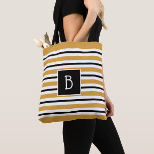 Bolsa Tote Monograma Moderno Amarelo, Preto e Branco Listrado