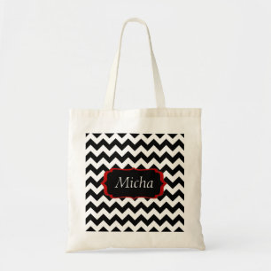 Bolsa Tote Monograma moderno branco & preto de Chevron