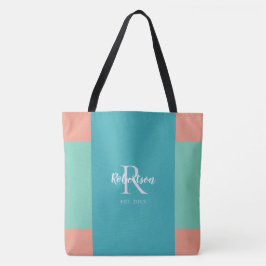 Bolsa Tote Monograma moderno da família Teal, Azul e Rosa-Cor