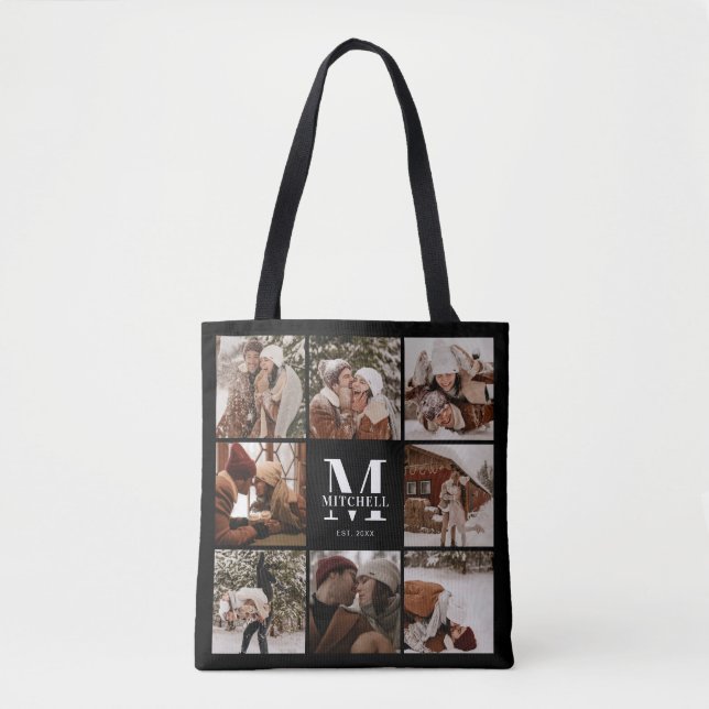 Bolsa Tote Monograma Moderno e Colagem de Fotos Personalizada (Frente)