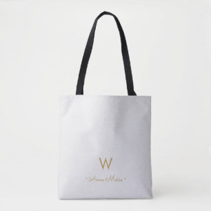 Bolsa Tote Monograma Moderno em Cinza Claro e Dourado