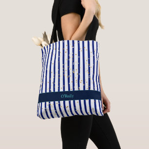 Bolsa Tote Monograma moderno em listras azuis e brancas