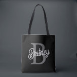Bolsa Tote Monograma Moderno Nome do Elegante Script de Cinza<br><div class="desc">O Moderno nome Elegante Monograma, Black Cinza Script Tote Bag, é um acessório sofisticado e versátil para suas necessidades diárias. Com um design preto elegante com roteiro de cinza, este saco de totas é personalizado com um monograma elegante e nome. Sua construção espaçosa e durável o torna perfeito para o...</div>