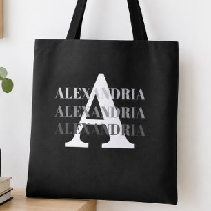 Bolsa Tote Monograma Moderno Nome Preto Cinza
