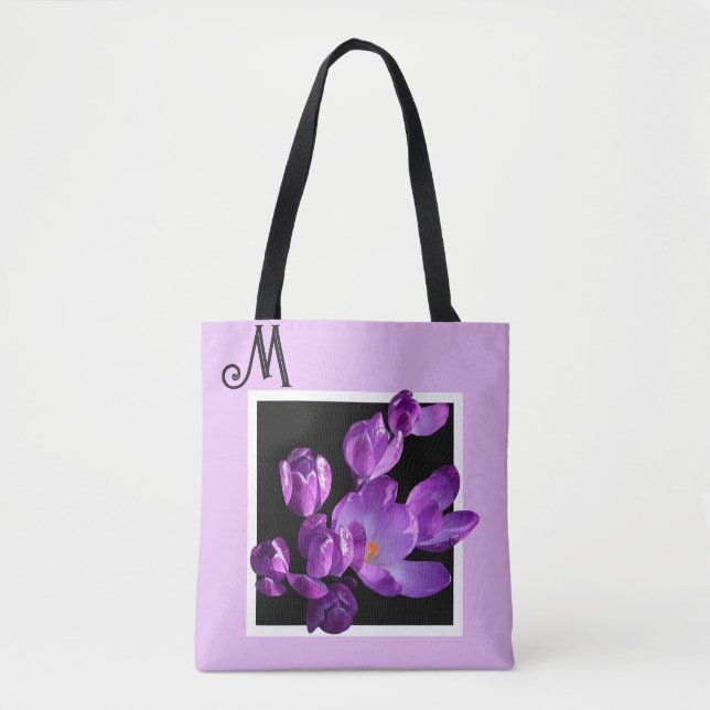 Bolsa Tote Monograma monograma floral roxo com nome M persona (Frente)
