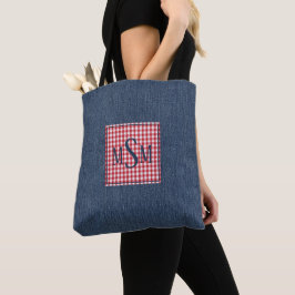 Bolsa Tote Monograma no Ombro com Estampa em Denim Escuro