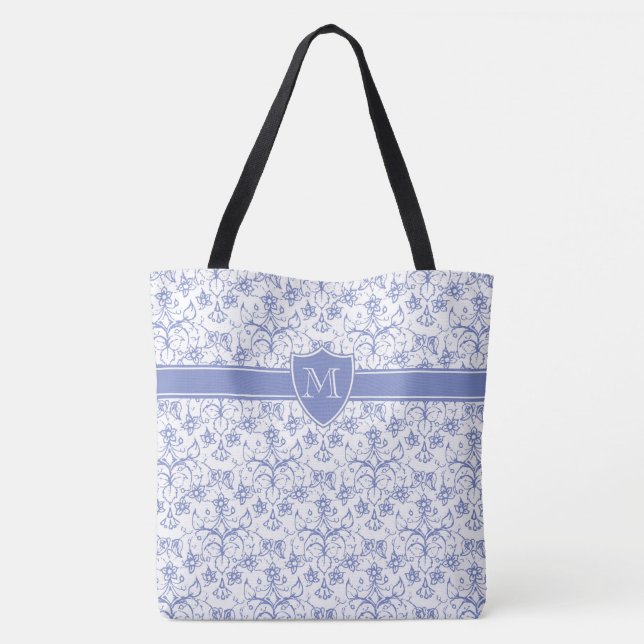 Bolsa Tote Monograma no Padrão de Ogee Azul Na moda Periwinkl (Verso)