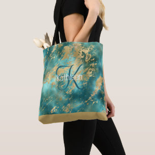 Bolsa Tote Monograma Nome Inicial Turquesa Verde Mármore Dour