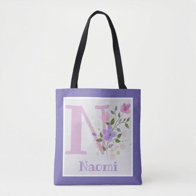 Bolsa Tote Monograma & Nome Naomi com Flores (Frente)