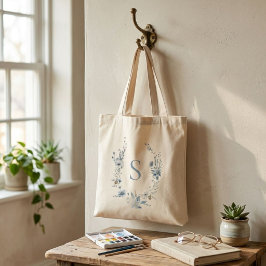 Bolsa Tote Monograma Nome Verde Floral Azul Empoeirado da Pri