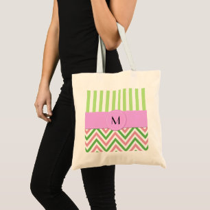 Bolsa Tote Monograma - Padrão Zigzag, Chevron - Rosa Verde