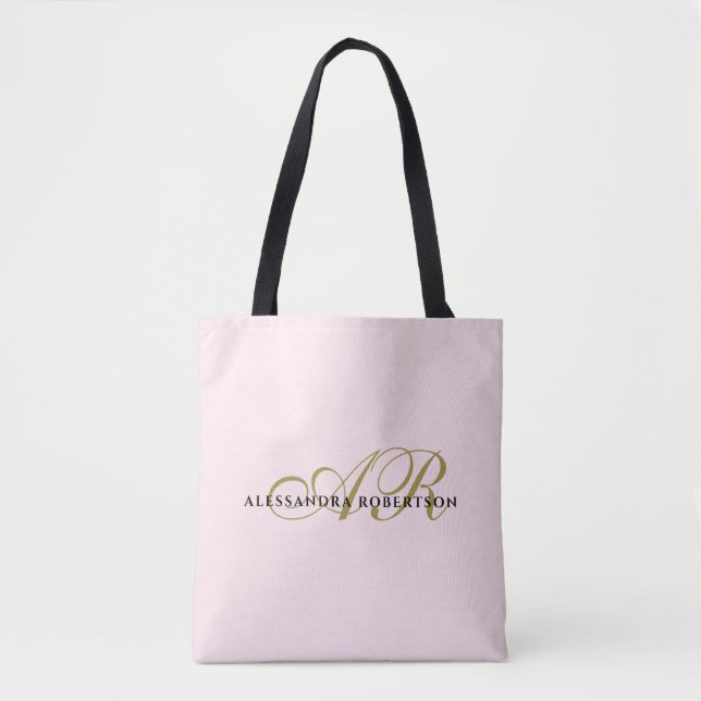 Bolsa Tote Monograma pastel cor-de-rosa dourado preto elegant (Frente)