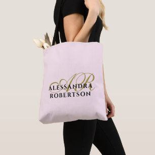 Bolsa Tote Monograma Pastel Pink Dourado Minimalista Preto
