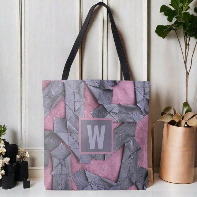 Bolsa Tote Monograma personalizado abstrato geométrico roxo (Criador carregado)