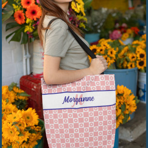 Bolsa Tote Monograma Personalizado com Padrão Floral Xadrez R