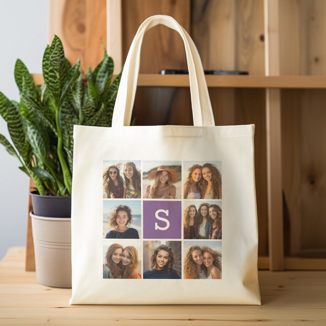 Bolsa Tote Monograma Personalizado de Colagem de Fotos Branca (Personalized tote bag with photos and monogram)