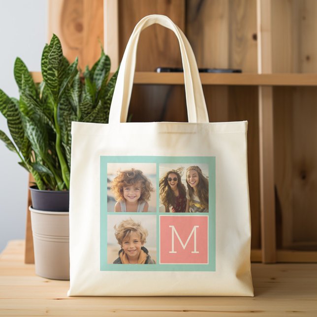 Bolsa Tote Monograma Personalizado de Colagem de Fotos de Min (Personalized tote bag with photos and custom text)