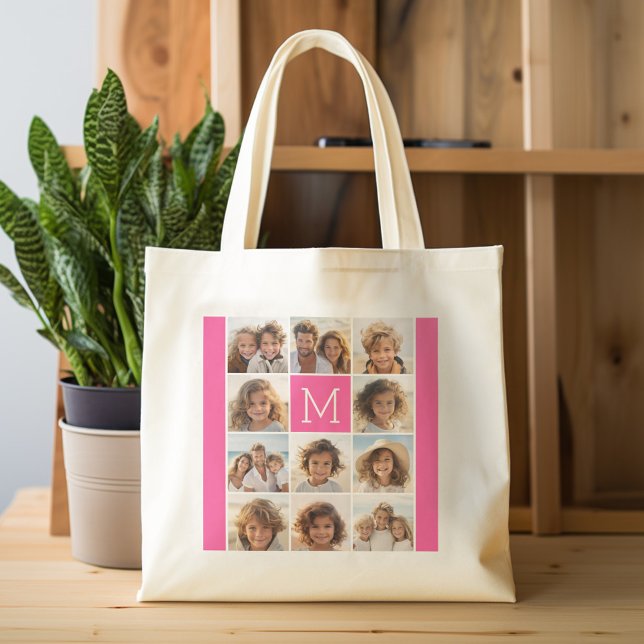 Bolsa Tote Monograma Personalizado de Colagem de Fotos do Ins (Personalized tote bag with photos and custom text)