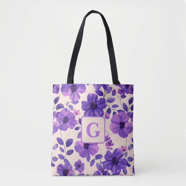 Bolsa Tote Monograma personalizado de flores roxas pintadas à (Frente)