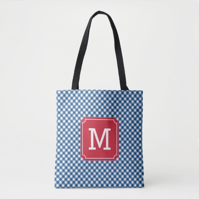 Bolsa Tote Monograma Personalizado de Gingham Azul Chic (Frente)