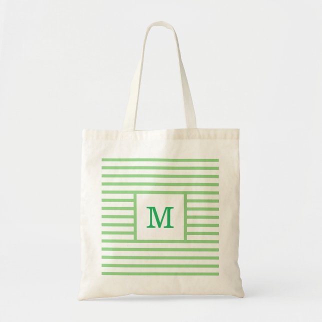 Bolsa Tote Monograma Personalizado de Listras Verdes e Branca (Frente)