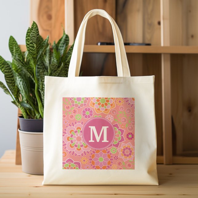 Bolsa Tote Monograma Personalizado de Padrão Floral Primavera (Personalized tote bag - flower pattern and name)