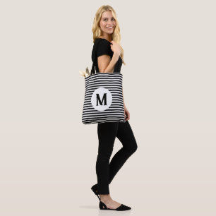 Bolsa Tote Monograma Personalizado de Stripe Negra e Branca,