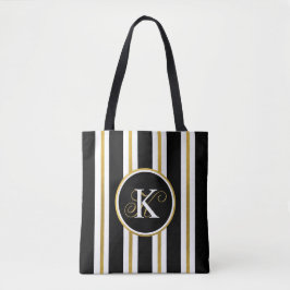 Bolsa Tote Monograma Personalizado de Stripes Negras e Dourad