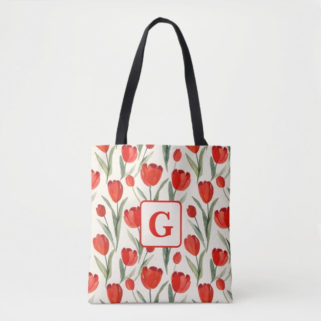 Bolsa Tote Monograma personalizado do padrão de tulipa vermel (Frente)