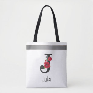 Bolsa Tote Monograma personalizado, editável, j texto, flor v